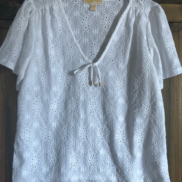 Michael Kors White Short Sleeve Tie Front Blouse - Picture 5 of 8